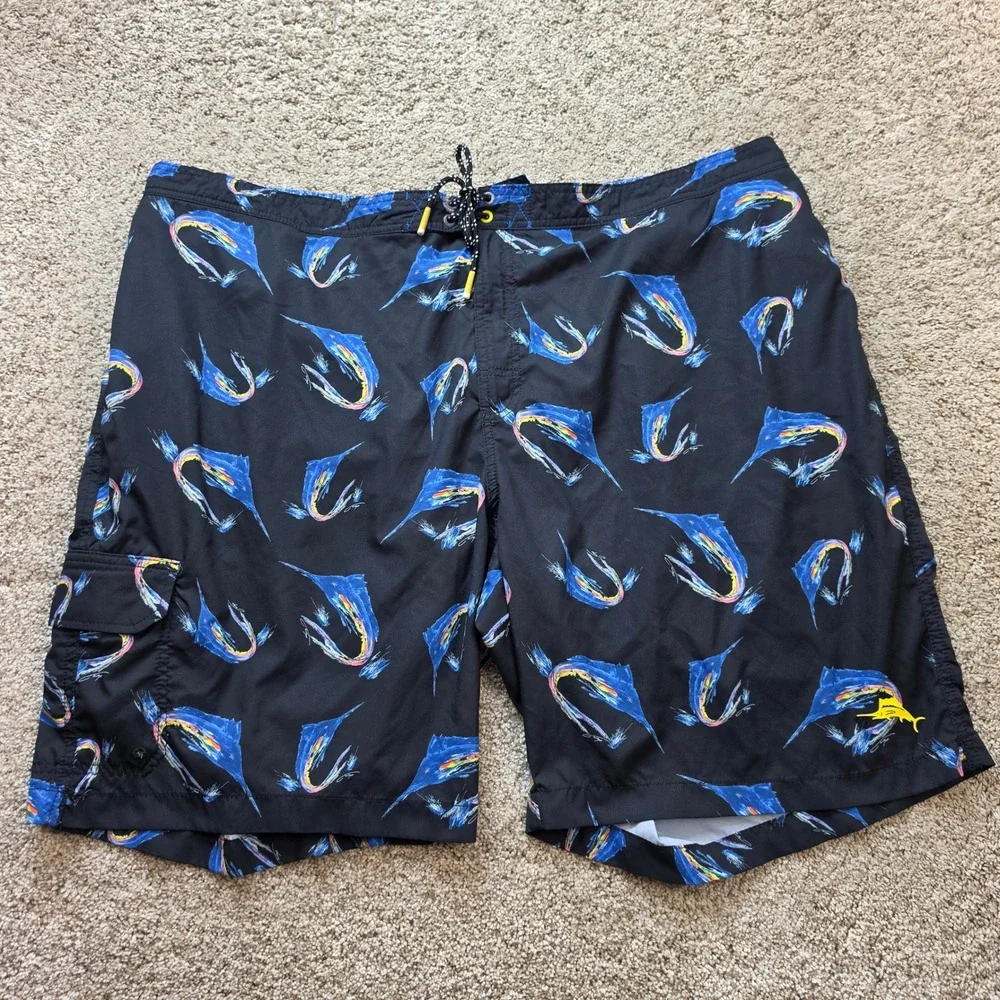 Tommy Bahama Marlin Swim Trunks Mens 3XLT Black Blue Tropical Fishing Board